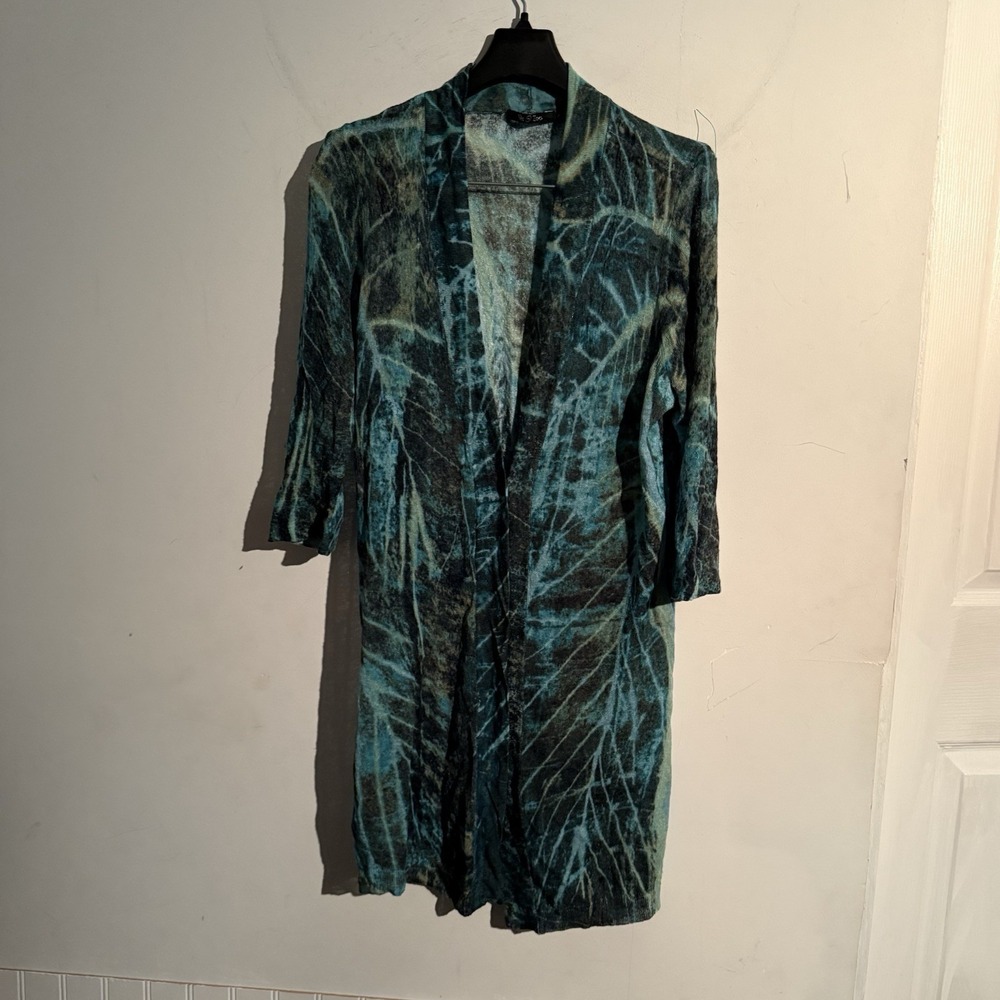 NIC + ZOE Cardigan Sweater Turquoise Green Blue Linen Blend Long Sz Small
